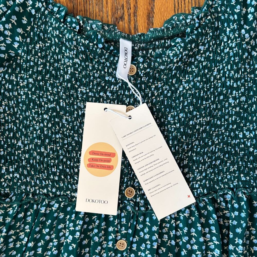 Modest Green Floral Smocked Cottagecore Maxi Dress Button Front NWT Size M - Picture 8 of 8